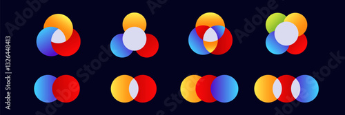 Colorful overlapping circles form diverse shapes with unique blends, creating engaging visual patterns.