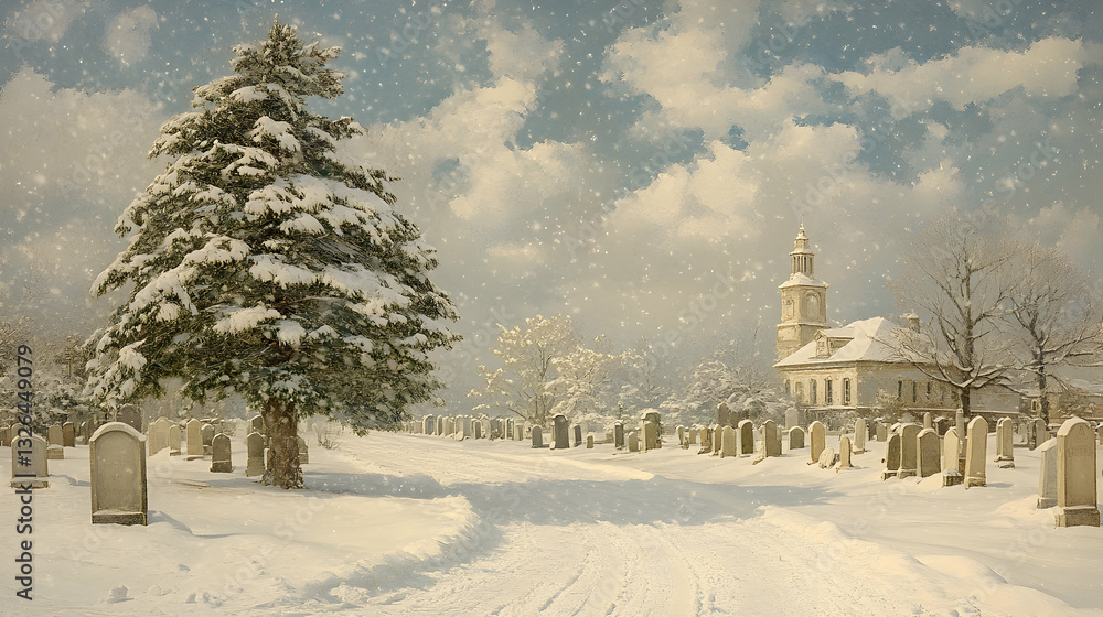 Obraz premium Snowy cemetery scene