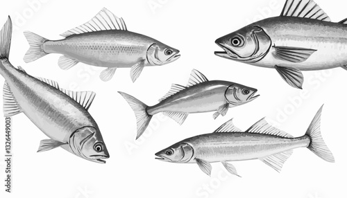 Precise Fish Species Illustration with Grayscale Scientific Detail with Copy Space