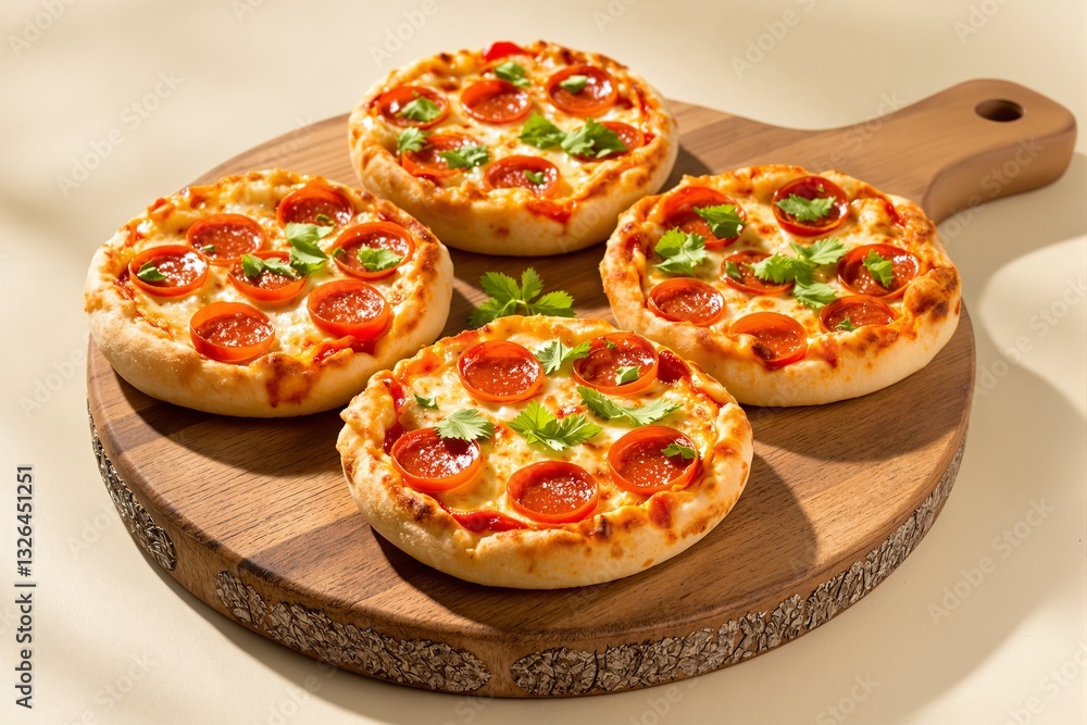 Four mini pepperoni pizzas with fresh cilantro on wooden serving board, copy space for text. Four mini pepperoni pizzas with fresh cilantro on wooden serving board, copy space for text.