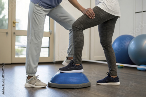 therapist hands guide patient during balance exercise on stability ball, promoting rehabilitation and physical therapy. supportive environment encourages recovery and strength