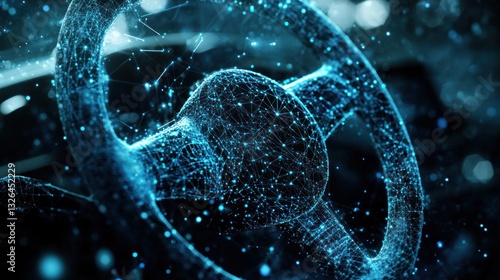 Abstract digital car steering wheel, futuristic technology, night interior