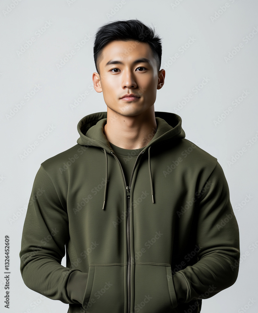 Male Model Wearing Plain Olive Green Zip-Up Hoodie for Screen Printing Mockup Male Model Wearing Plain Olive Green Zip-Up Hoodie for Screen Printing Mockup
