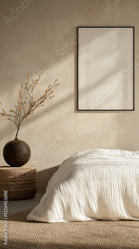 Cozy minimalist bedroom with warm neutral tones natural textures and soft sunlight creating a peaceful atmosphere