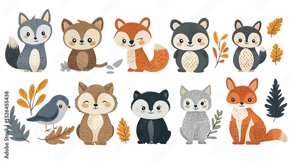 Cute Cartoon Forest Animals Set Wolves Foxes Bird Cute Cartoon Forest Animals Set Wolves Foxes Bird