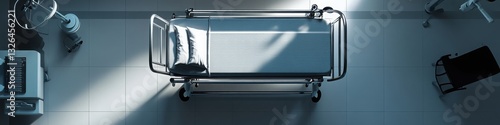 Top-down view of a hospital room with a single modern metal bed and accessories