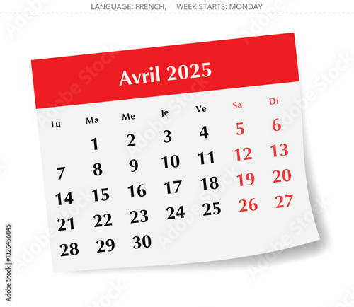 French calendar for april 2025. Vector illustration of a spring month paper page for France