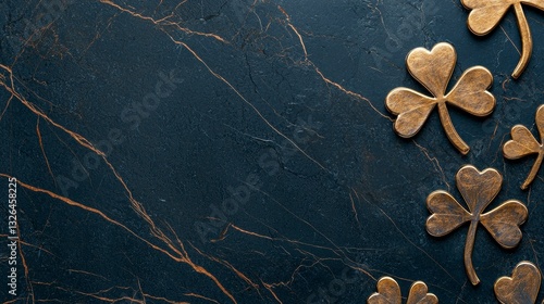 Golden Shamrock Decorations on a Dark Marble Background for St Patrick's Day Celebration Theme