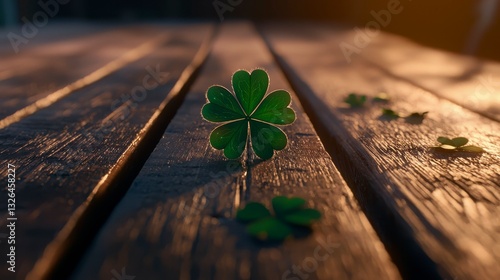 Four Leaf Clover on Wood Grain Tabletop Symbolizing Luck and Fortune at Golden Hour Ambience photo