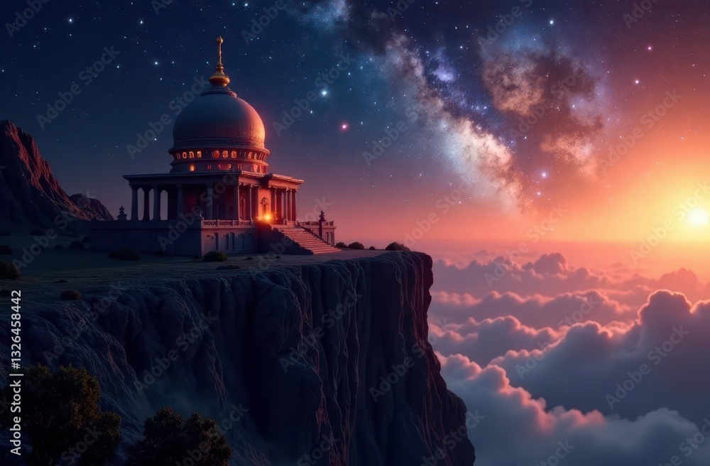 Obraz premium Stunning temple on a cliff overlooking clouds and a vibrant galactic sky