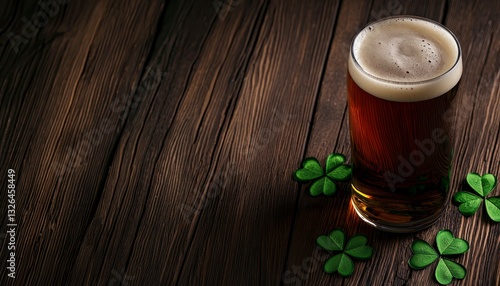 Stout Beer Celebrates St Patrick s Day on Rustic Wooden Tabletop With Shamrock Decorations Of Green Color