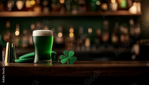St Patricks Day Celebration Green Beer with Shamrock and Leprechaun Hat on Bar Counter Backdrop Bottle Display
