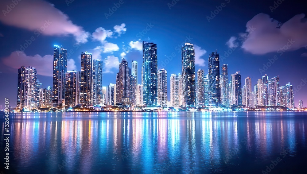 City skyline at night with illuminated skyscrapers reflecting on water, showcasing vibrant lights and urban architecture in a modern metropolis.