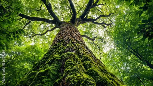 Ancient Mossy Oak Tree in Lush Forest