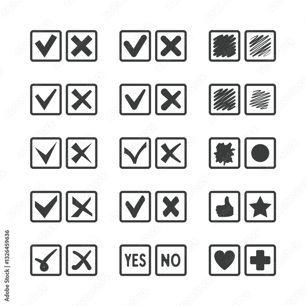Set of different vector check box icons for voting agreement confirmation acceptance and task list Set of different vector check box icons for voting agreement confirmation acceptance and task list