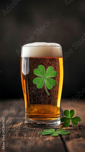 St Patricks Day Refreshment Golden Beer with Shamrocks on Wooden Table Celebration Lucky Brew Holiday Fun