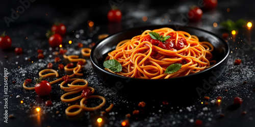 Obraz na płótnie Spaghetti bolognese with rich sauce on a black plate, surrounded by magical energies and sparkles, candid image, photography, editorial w salonie