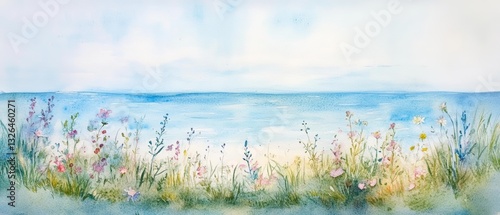 Fototapeta Naklejka Na Ścianę i Meble -  A serene ocean view watercolor with flowering meadows and wildflowers 
