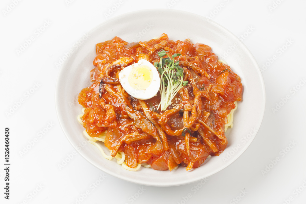 Jjamppong is a Chinese dish. It is a stir-fried dish of noodles mixed with various seafood and vegetables. Jjamppong is a Chinese dish. It is a stir-fried dish of noodles mixed with various seafood and vegetables.