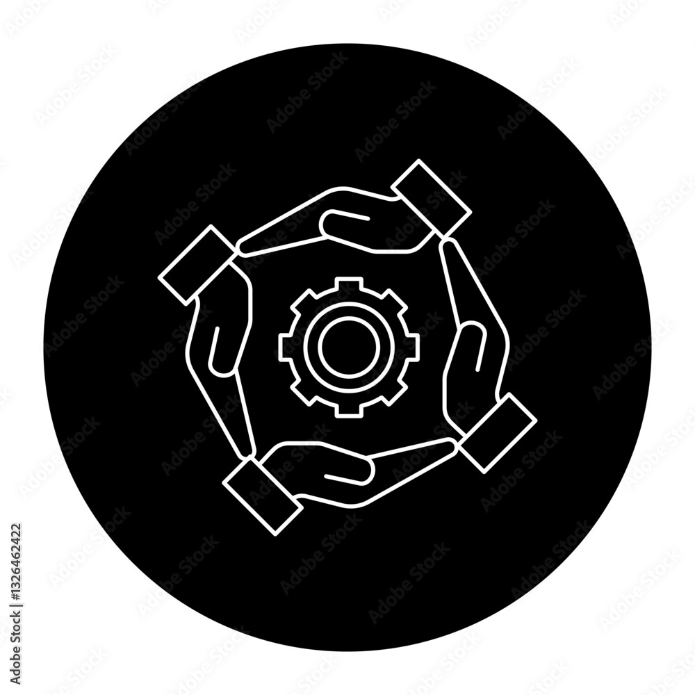 Four hands surrounding a gear representing teamwork, process optimization, workflow automation, and business efficiency Four hands surrounding a gear representing teamwork, process optimization, workflow automation, and business efficiency