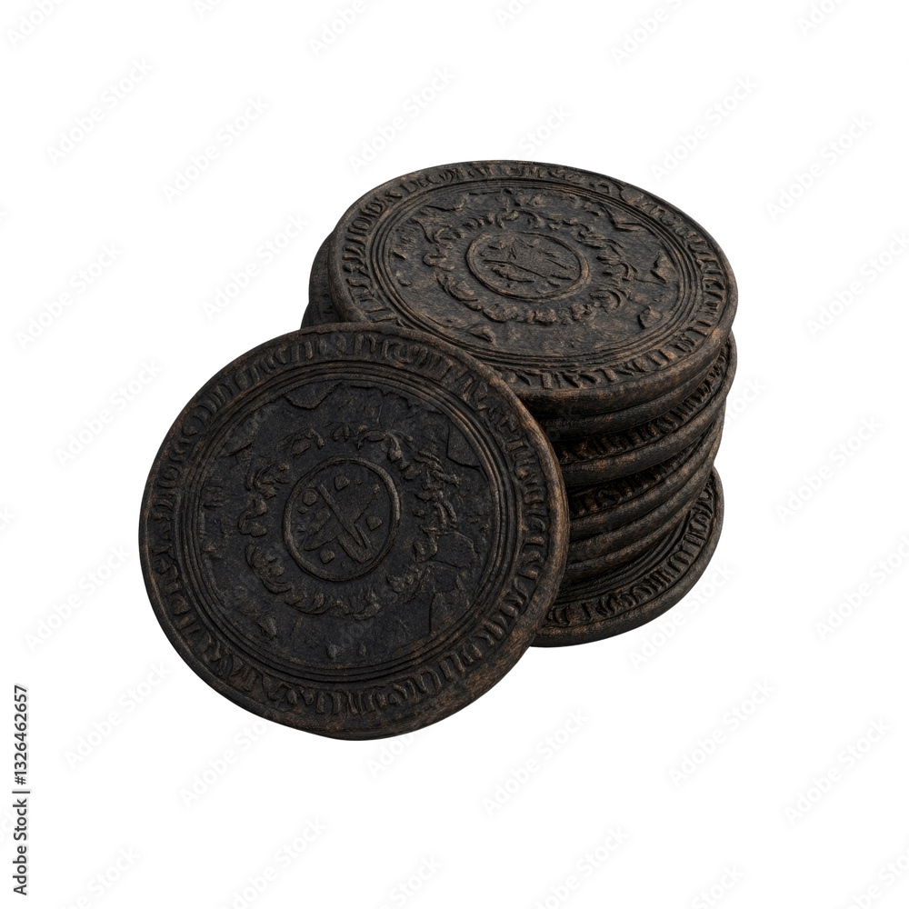 Stack of Ornate Antique Coins, Treasure Pile, Dark Brown Metal Currency Stack of Ornate Antique Coins, Treasure Pile, Dark Brown Metal Currency