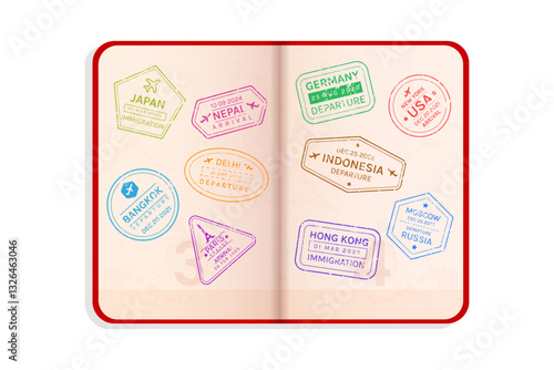 Realistic Open Passport with Many Immigration Arrival and Departure Stamps on White Background