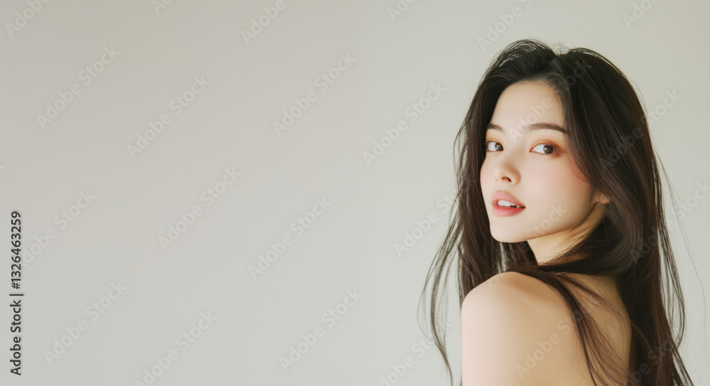 Fototapeta premium 振り返りながら微笑むロングヘアの女性.