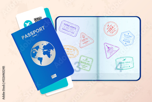 Open Passport with Boarding Pass and Many Immigration Stamps on It from Various Countries