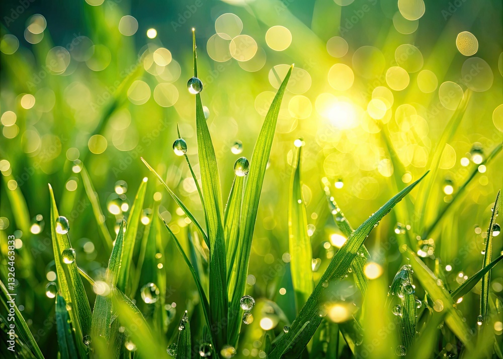 Fototapeta premium Sunlight dapples vibrant green grass, kissed by gentle summer rain.