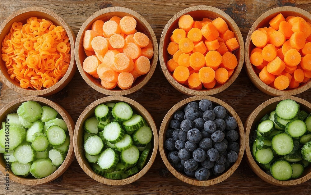 A colorful display of fresh vegetables and fruits neatly arranged in bowls, showcasing vibrant and healthy ingredients. A colorful display of fresh vegetables and fruits neatly arranged in bowls, showcasing vibrant and healthy ingredients.