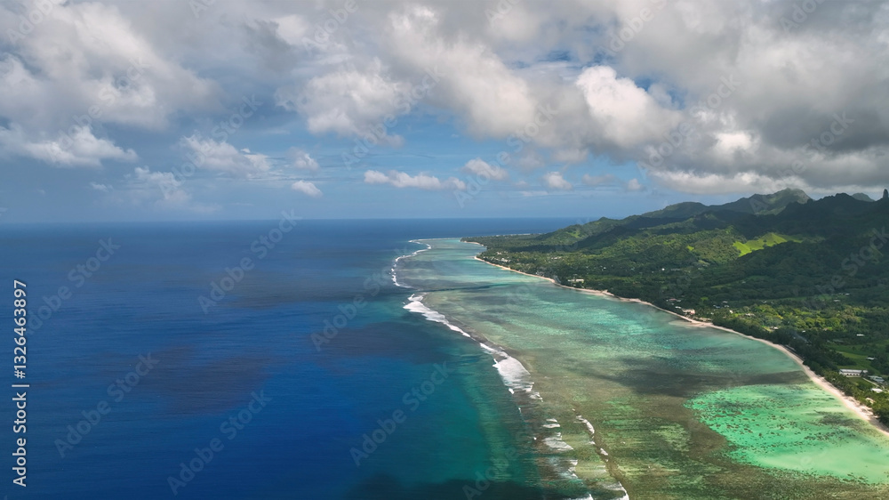 Aerial view of a breathtaking tropical island with a pristine coral reef and serene ocean, Avarua, Rarotonga, Cook Islands. Aerial view of a breathtaking tropical island with a pristine coral reef and serene ocean, Avarua, Rarotonga, Cook Islands.