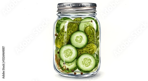 watercolor illustration: sour curcumbers in jar isolated on white background
