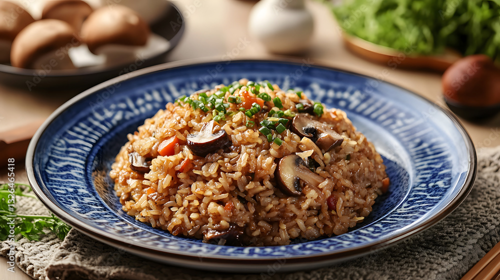 Delicious Mushroom Fried Rice on Blue and White Plate Delicious Mushroom Fried Rice on Blue and White Plate
