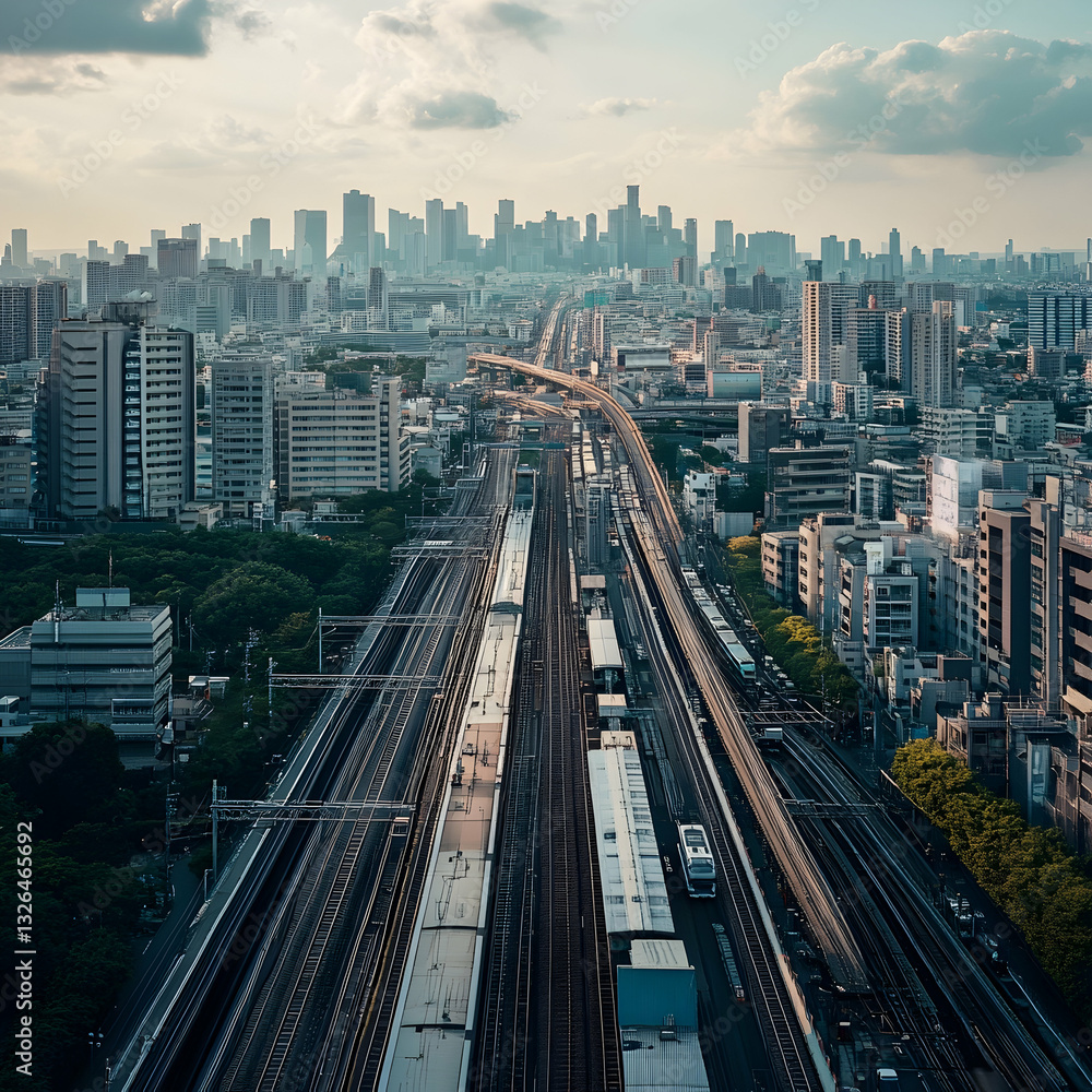 Obraz premium Urban landscape, showcasing a network of railway tracks and roads intersecting a dense cityscape