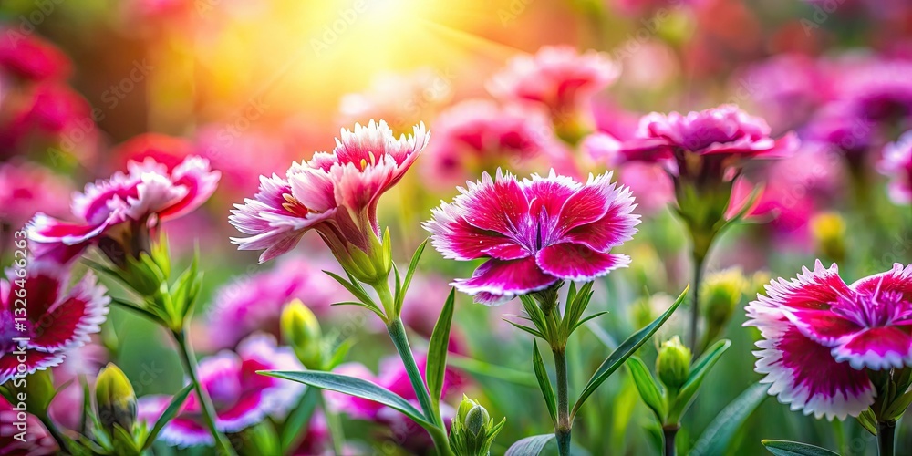 Fototapeta premium Tiny dianthus blooms in vibrant pink, red, and white, a miniature garden captured in close-up tilt-shift photography.