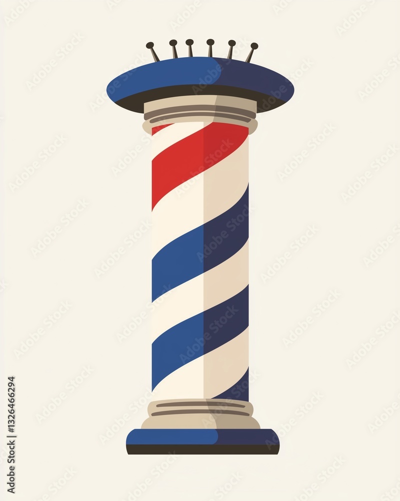 Stylized Barber Pole: A classic barber pole stands tall, its iconic red, white, and blue spiral design inviting customers to experience timeless grooming and personal care. Stylized Barber Pole: A classic barber pole stands tall, its iconic red, white, and blue spiral design inviting customers to experience timeless grooming and personal care.