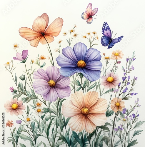 Colorful butterflies fluttering among blooming flowers in a serene garden setting during springtime