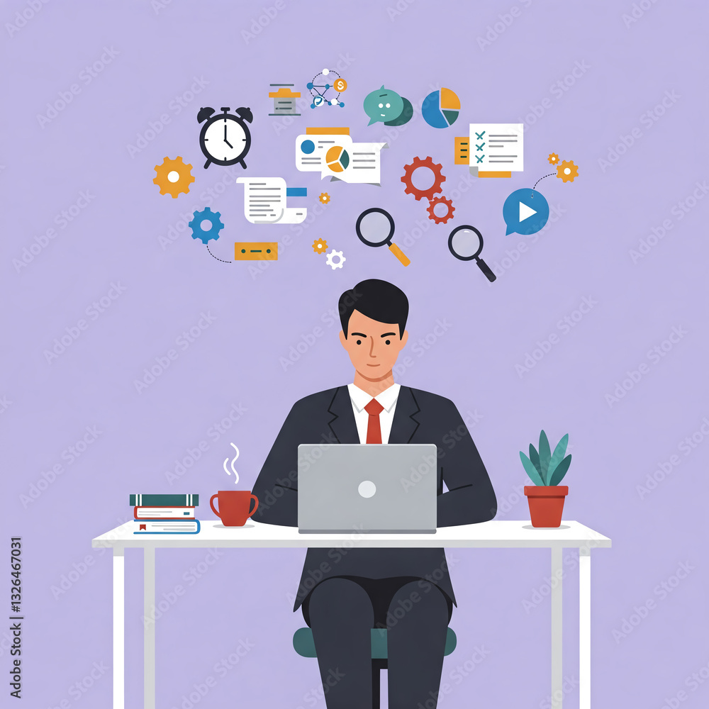 A business man in a suit is working at a computer in an office. A business man in a suit is working at a computer in an office.
