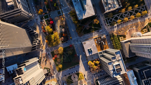 Aerial view of downtown St. Louis with traffic and rooftops among modern skyscrapers, Missouri, United States.