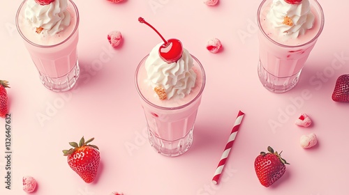 strawberry milkshake with cherry on top on white and pastel pink background Delicious strawberry milkshake with whipped cream.