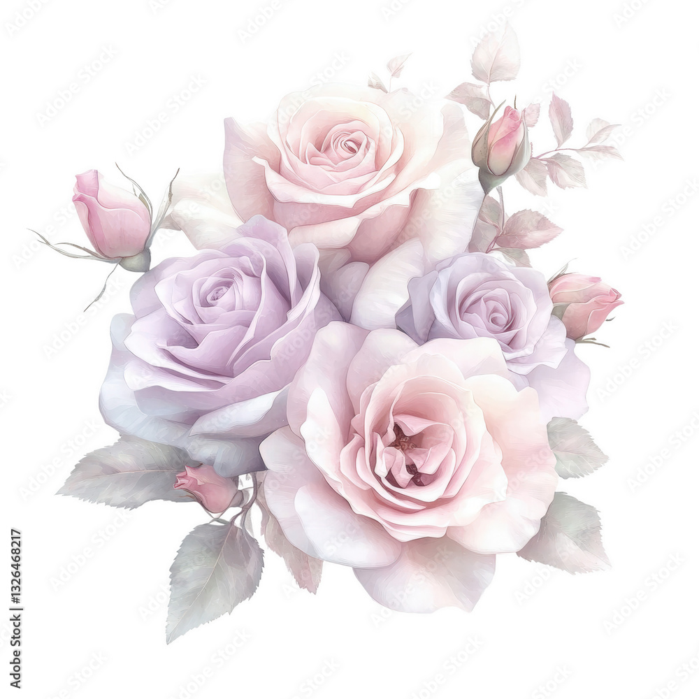 Fototapeta premium Blossoming Elegance: An exquisite bouquet of pastel roses, showcasing delicate petals and soft hues, perfect for conveying romance, beauty, and tenderness.
