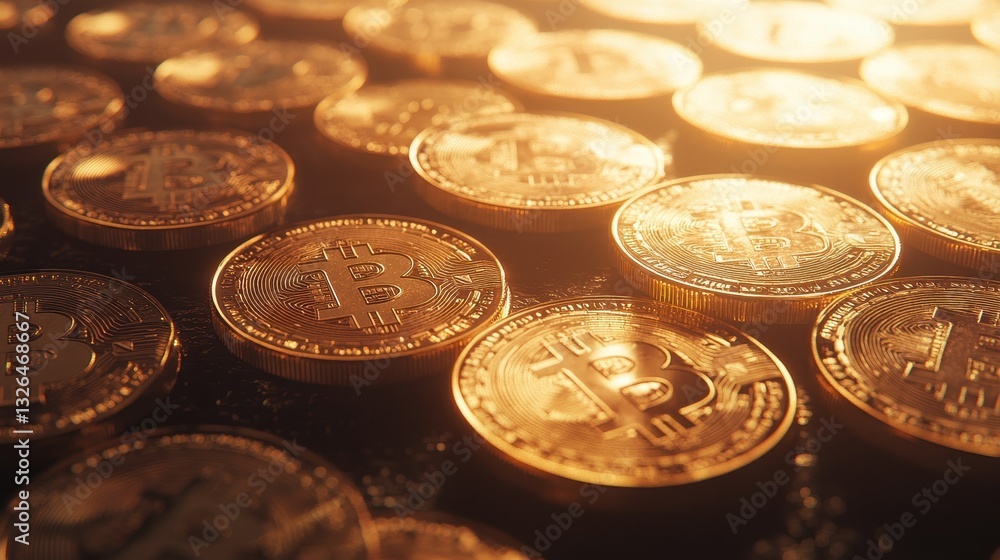 Golden Bitcoin Coins Piled on a Surface Capturing Light Reflection Golden Bitcoin Coins Piled on a Surface Capturing Light Reflection