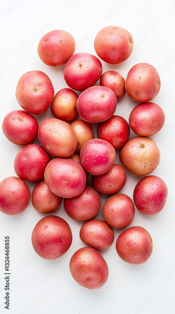 Small, vibrant red potatoes scattered on crisp white surface, showcasing fresh produce's rich color and natural, rustic texture Small, vibrant red potatoes scattered on crisp white surface, showcasing fresh produce's rich color and natural, rustic texture