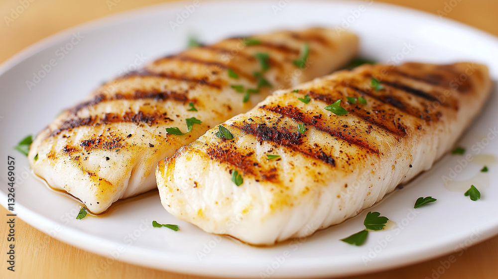 Grilled fish fillets presenting golden brown sear, sprinkled with herbs, resting atop pristine white ceramic plate, highlighting culinary precision and fresh seafood preparation Grilled fish fillets presenting golden brown sear, sprinkled with herbs, resting atop pristine white ceramic plate, highlighting culinary precision and fresh seafood preparation