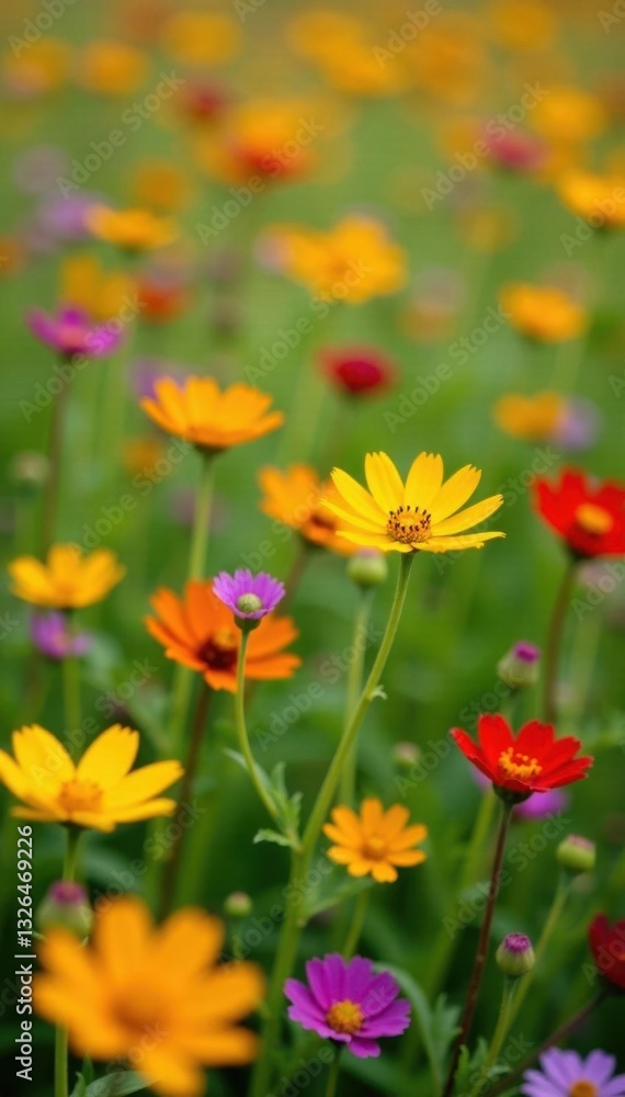 Vibrant wildflowers in yellow, red, purple hues Scattered blooms fill field , scene, flowers Vibrant wildflowers in yellow, red, purple hues Scattered blooms fill field , scene, flowers