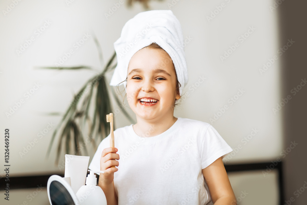 Cute little girl brushing teeth at home. Morning routine. Cute little girl brushing teeth at home. Morning routine.