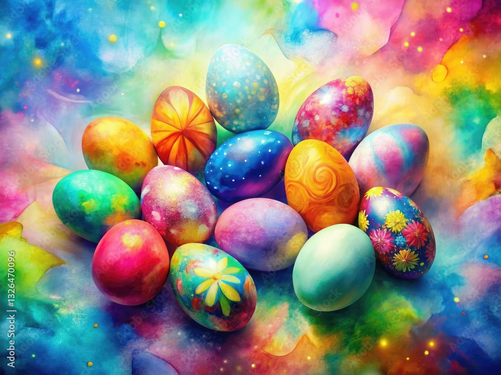 Vibrant watercolor Easter eggs burst from a spring landscape, a generative AI masterpiece. Vibrant watercolor Easter eggs burst from a spring landscape, a generative AI masterpiece.