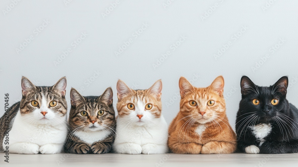 Five Adorable Cats Sitting in a Row with Serious Expressions Five Adorable Cats Sitting in a Row with Serious Expressions