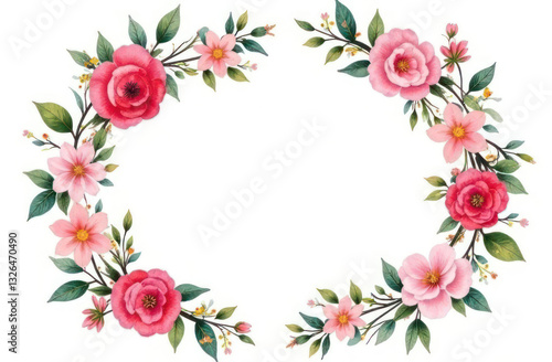 floral wreath of pink and red flowers with green leaves in oval shape. spring, springtime, seasonal decoration, greeting card, invitation design, blank template with copyspace.