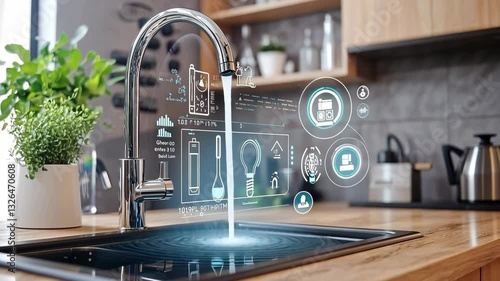 Modern kitchen sink with smart technology and holographic interface displaying water usage statistics at home